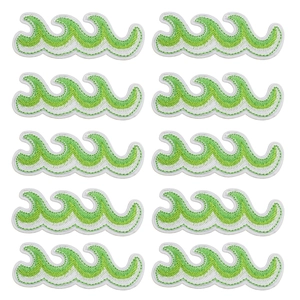 Detailed set of 10 green wave embroidery patches showing thread texture in a 2x5 layout