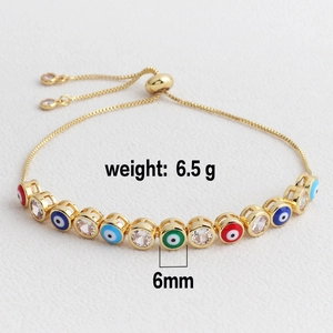 Adjustable gold evil eye bracelet detail with 6mm colorful zircon charms weighing 6.5g
