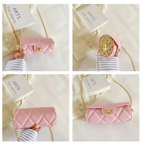 Pink quilted cylindrical jelly bag with gold chain strap shown in four detail views