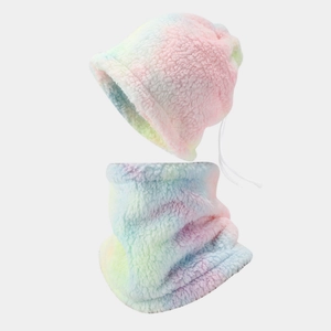 Close-up of tie-dye faux lamb wool hat and neck gaiter set with soft rainbow texture