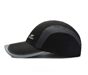 Detail view of the breathable mesh side panels and white SPORT embroidery on the black cap