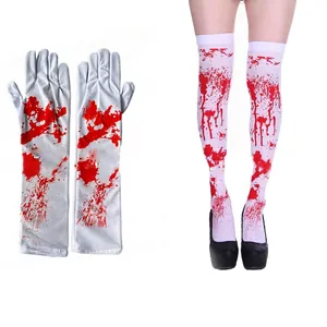 Detail of bloody Halloween set featuring splattered white gloves and over-knee socks