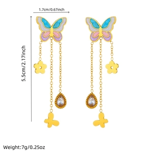 Colorful gradient butterfly tassel earrings with floral charms and zircon drop in gold finish