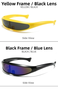 Side view of futuristic cyberpunk sunglasses in yellow and black mirrored lens options
