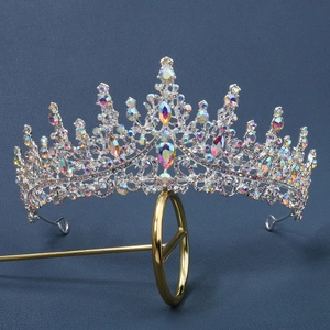 Luxurious vintage silver alloy bridal crown with colorful AB rhinestones and hollow patterns