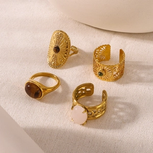 Bohemian 18k gold plated stainless steel ring set with natural tiger eye and turquoise