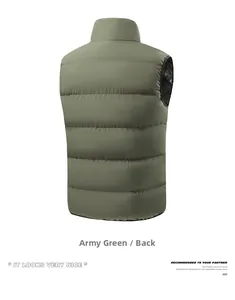 Rear view of men's army green padded gilet featuring horizontal quilting and stand collar