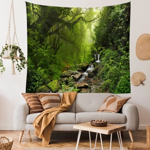 Detailed macro view of a large forest tapestry with lush green trees and a stream scene
