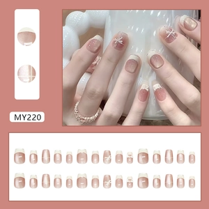 Cat-Eye-Nägel zum Aufkleben mit 3D-Schleifen und weißen French-Tips, Set mit 24 Stück