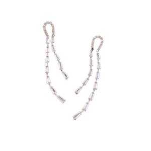 Silver-plated U-shaped fringe earrings with cubic zirconia baguettes on white background