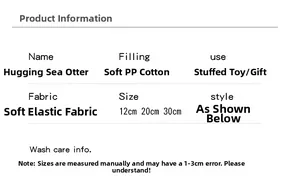 Detailed product specification table for cute otter plush toy with soft PP cotton filling