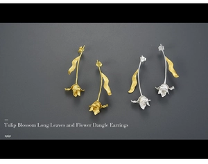 Artistic S925 tulip flower dangle earrings in matte gold and silver finish