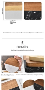 Detail view of 98mm marble and wood coaster with specific dimensions and 170g weight