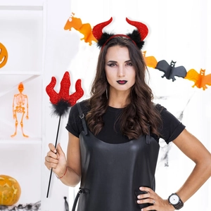 Halloween Devil Costume Red Glitter Horn Headband And Pitchfork Wand With Feather For Kids Adult Party Decorations