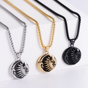 Titanium steel sun and moon face relief pendant necklace in silver, gold and black finish