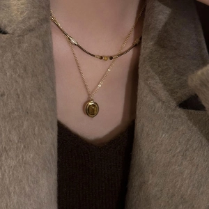 French vintage double layer necklace with oval tiger eye stone pendant on golden chain