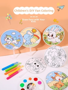 DIY kids doodle fan kit with cartoon animals, markers and paint tray for creative play