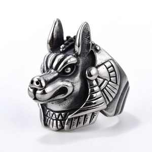 Vintage punk Anubis jackal god ring in stainless steel with a retro silver finish
