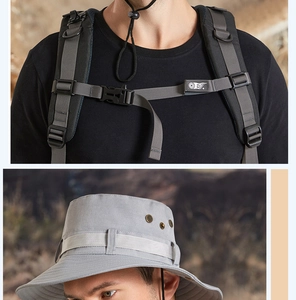 Détails des œillets du chapeau de soleil gris et boucle de sangle de poitrine