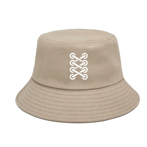 Khaki cotton bucket hat with white cross-lace embroidery for outdoor sun protection