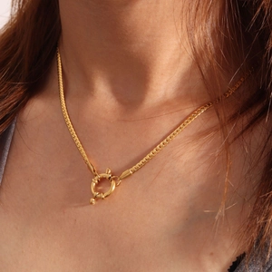 18K gold plated necklace featuring mixed curb and snake chains with large sailor clasp