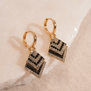 Vintage gold huggie earrings with geometric diamond checkerboard charms in a luxe style
