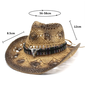 Détails du chapeau de cowboy en paille avec mesures de 56-58cm et bord de 8.5cm de large