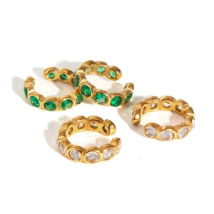 Classic 18K gold stainless steel ear cuffs set with green and white cubic zirconia