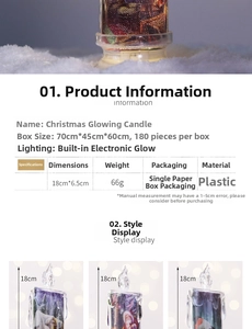 Detail view of 18cm LED Christmas candle with Santa patterns and product specifications