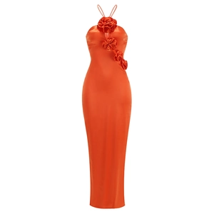 Slim fit orange-red halter neck maxi dress with 3D floral accents in satin fabric