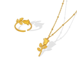 Elegant Titanium Steel Rose Flower Pendant Necklace And Adjustable Opening Ring Gold Steel Color Fashion Jewelry For Women Dating Gift