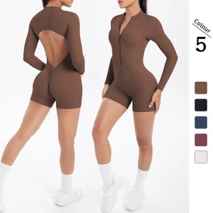 Women Nylon Spandex Long Sleeve Half Zip Open Back Ruched Butt Jumpsuit Romper Unitard Sporty Yoga Top And Bottom