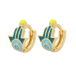 Detail view of golden Hamsa Hand earrings with evil eye enamel and yellow bead accents