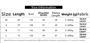 Size chart for women hoodie showing length, chest, shoulder, sleeve and weight details