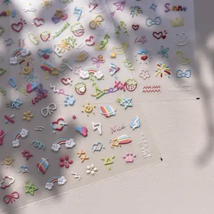 3D Embossed Nail Art Stickers Cute Cartoon Rainbow Heart Star Relief Decals DIY Manicure Decoration For Women And Kids
