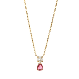 18K gold plated necklace with pink pear-shaped stone and clear round zircon pendant