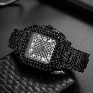 Missfox luxury iced out square black watch for men with Roman numerals and date