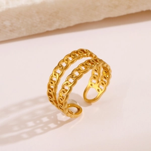 Adjustable double-layer gold plated stainless steel chain ring for women in minimalist style