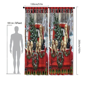 Detailed view of Christmas themed polyester curtains with Golden Retriever dog pattern and size chart
