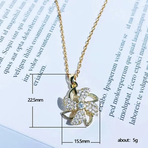 Rotating gold windmill necklace with zircon stones, 22.5mm pendant for women's fashion