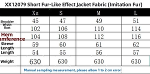 Detailed size chart for women's faux fur jacket with measurements for XS to L sizes