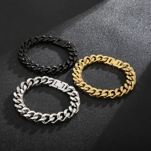 Polished stainless steel Cuban link bracelets shown in gold, silver, and black metal tones