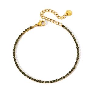 Gold stainless steel tennis bracelet featuring round dark green cubic zirconia stones