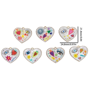 Bohemian enamel heart charms for DIY jewelry with eye and flower patterns, 24mm size