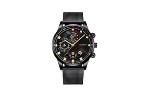 Detail of black mesh strap and dial of M REURIO mens business watch with chronographs