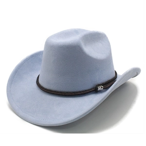 Close-up of light blue faux suede cowboy hat featuring a braided brown band with metal hardware