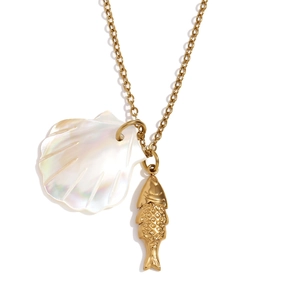 18K gold plated stainless steel necklace with starfish and seashell charms on white background