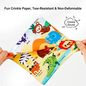 Durable cloth tissue box toy with cartoon animals and crinkle paper for sensory baby play