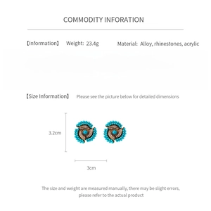 Detailed spec sheet showing vintage floral earrings weight 23.4g and 3.2cm size