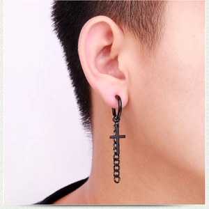 Gothic punk black metal hoop earring with long chain and cross pendant for men and women